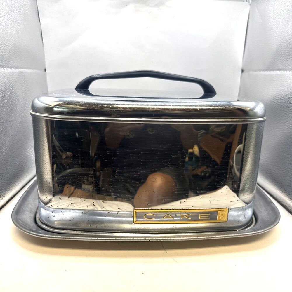 Vtg MCM Square Cake Pie Travel Carrier 1950s Locking Top Chrome Slant Handle USA